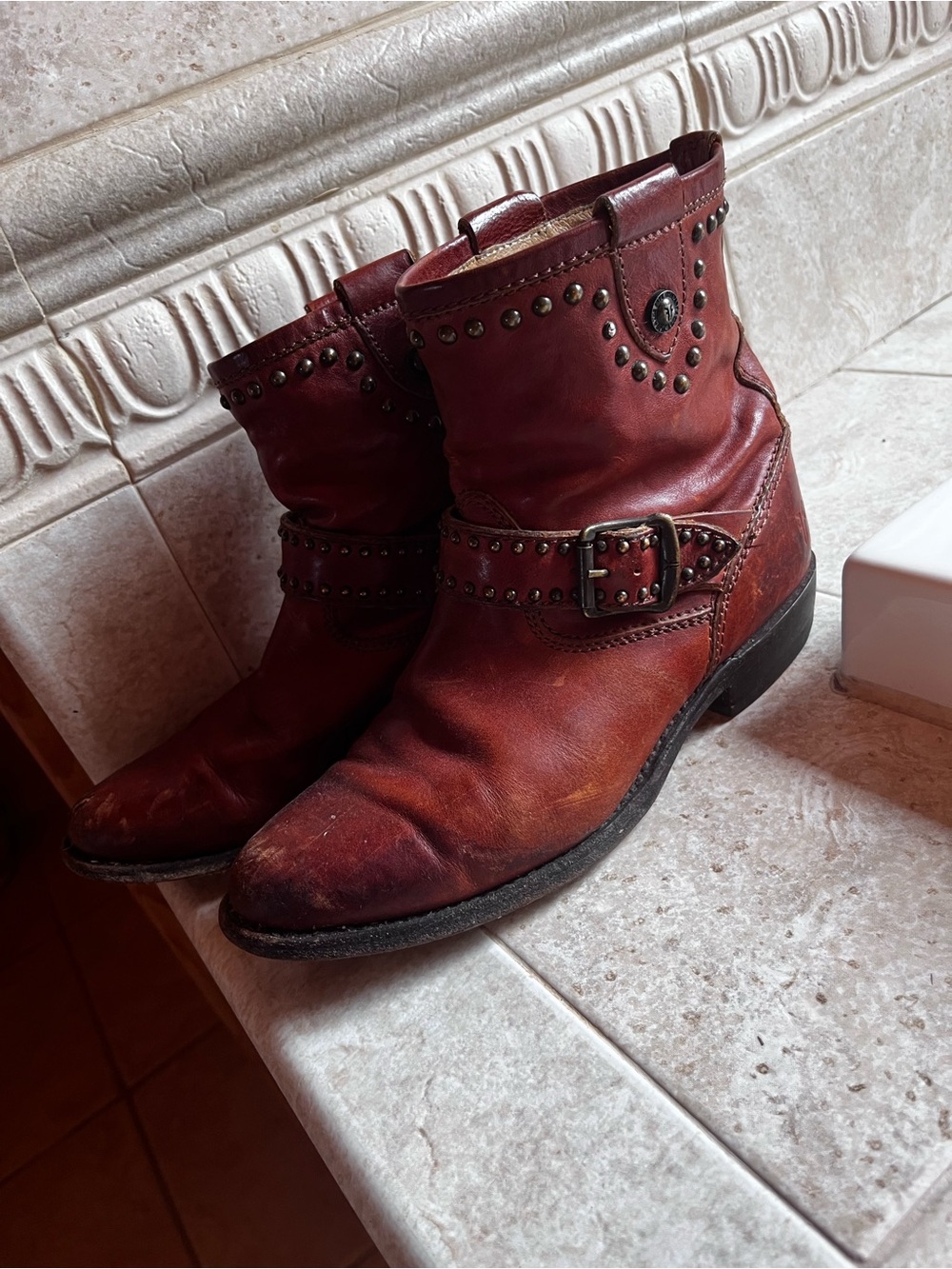 Frye Burnt Orange Leather Boots with Brass Studs - Picture 2 of 7
